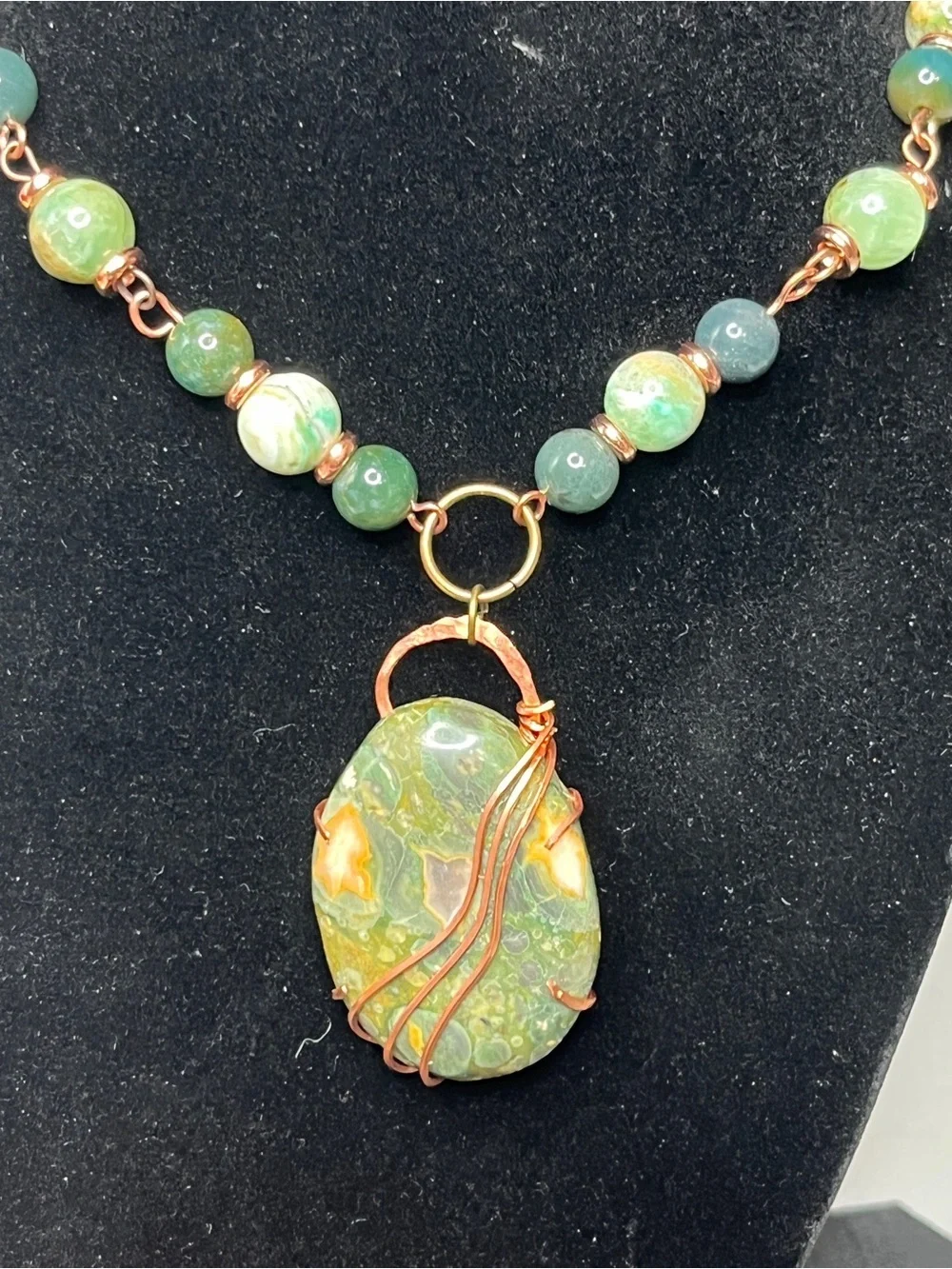 Copper Wire Wrapped Ocean Jasper Beaded Pendant Necklace Earrings 18”